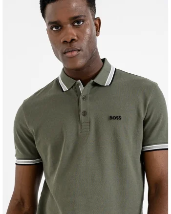 Tricou polo regular fit din bumbac pique cu margini contrastante Paddy, Kaki inchis
