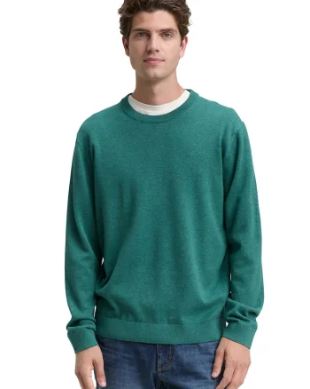 Pulover din bumbac cu decolteu la baza gatului, Verde aquamarin