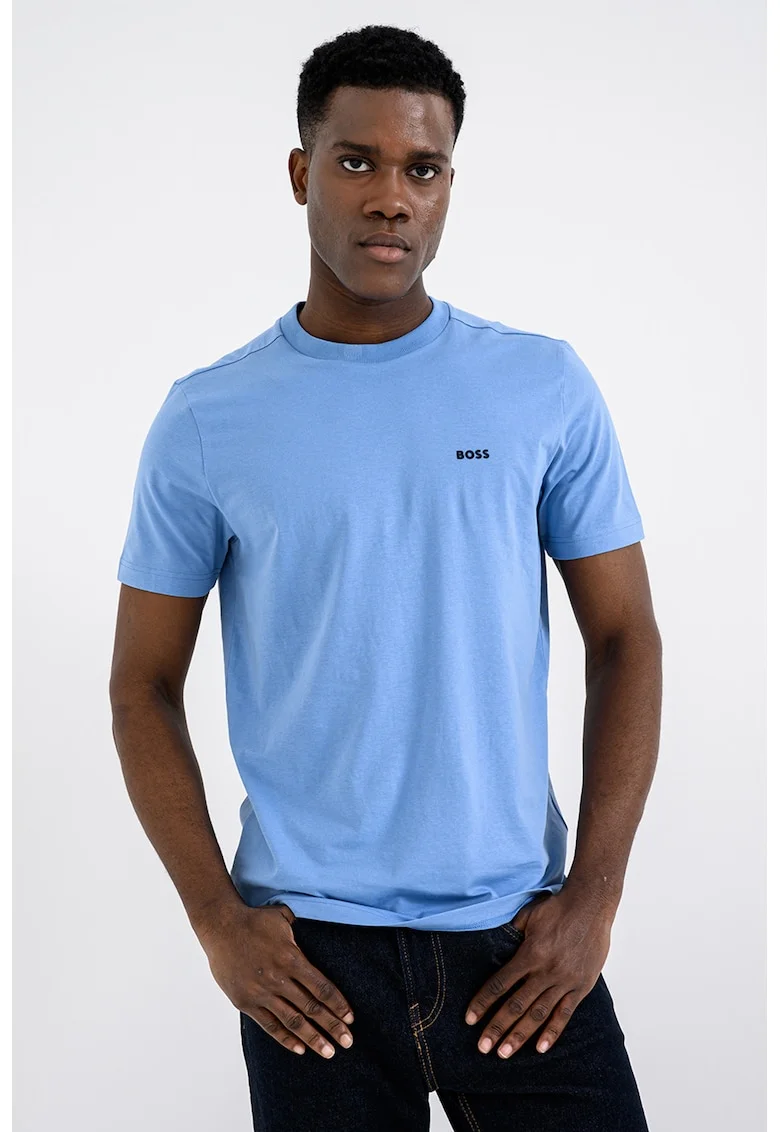 Tricou cu logo discret si decolteu la baza gatului, Albastru pastel/Albastru glaciar
