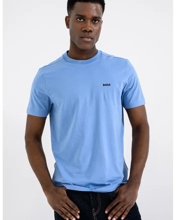 Tricou cu logo discret si decolteu la baza gatului, Albastru pastel/Albastru glaciar
