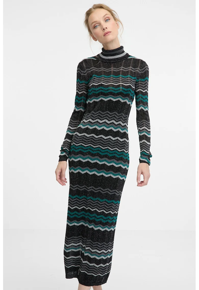 Rochie midi cu dungi si guler scurt, Negru/Gri deschis/Verde aquamarin