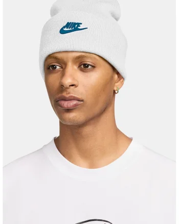 Caciula unisex cu logo brodat Peak, Alb optic/Albastru petrol