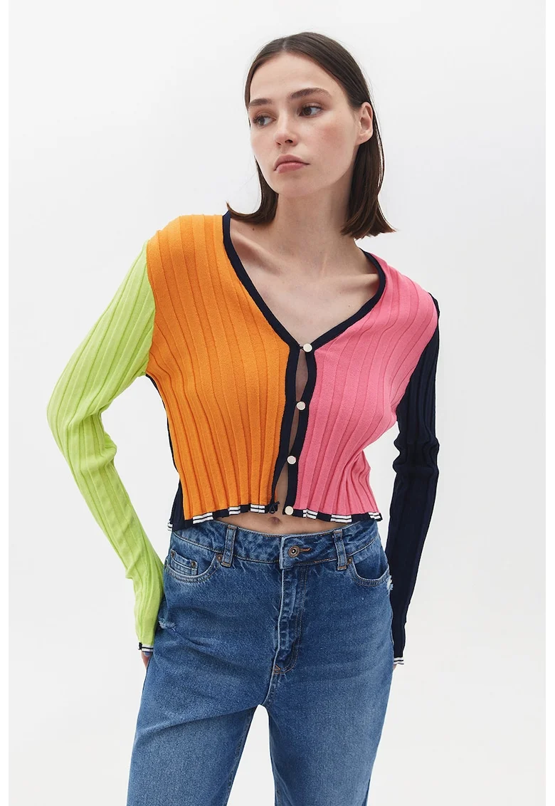 Cardigan crop cu model colorblock si decolteu in V, Roz pastel/Portocaliu mandarina/Verde pal