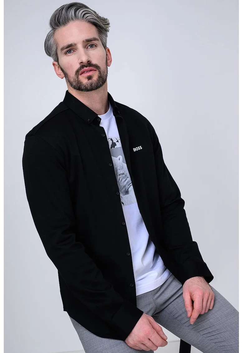 Camasa Oxford regular fit cu broderie logo, Negru