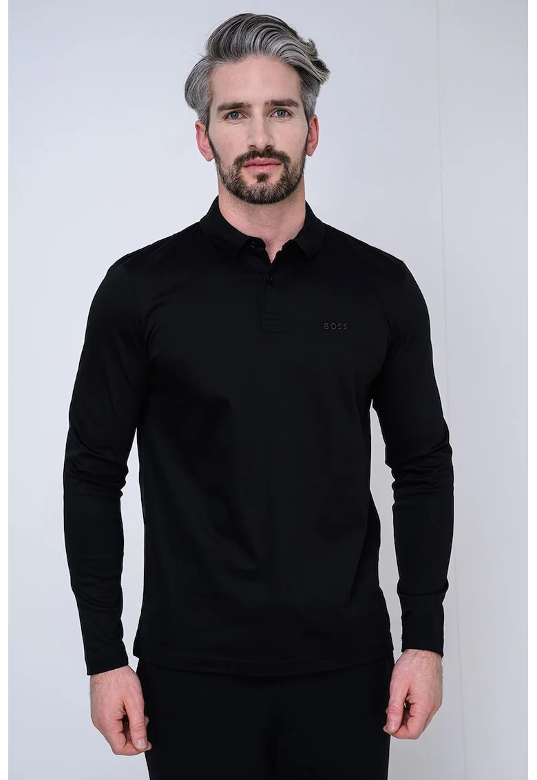 Bluza polo cu logo brodat pe piept, Negru