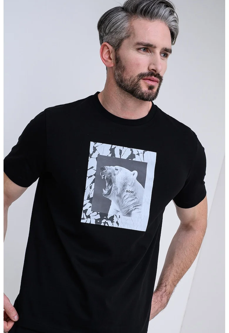 Tricou cu decolteu la baza gatului si imprimeu foto, Negru/Gri deschis
