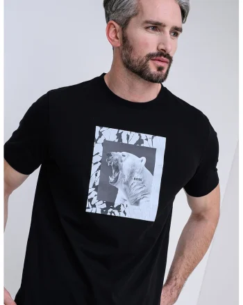 Tricou cu decolteu la baza gatului si imprimeu foto, Negru/Gri deschis