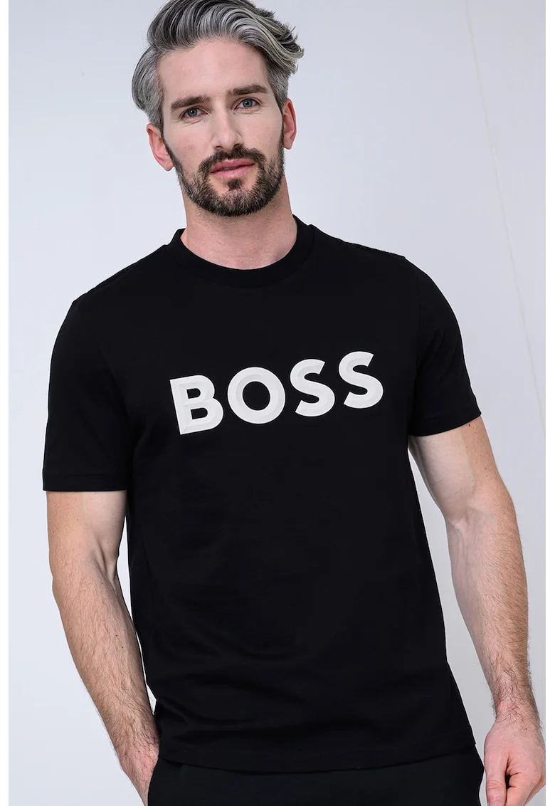 Tricou cu decolteu la baza gatului si imprimeu logo, Negru/Alb murdar