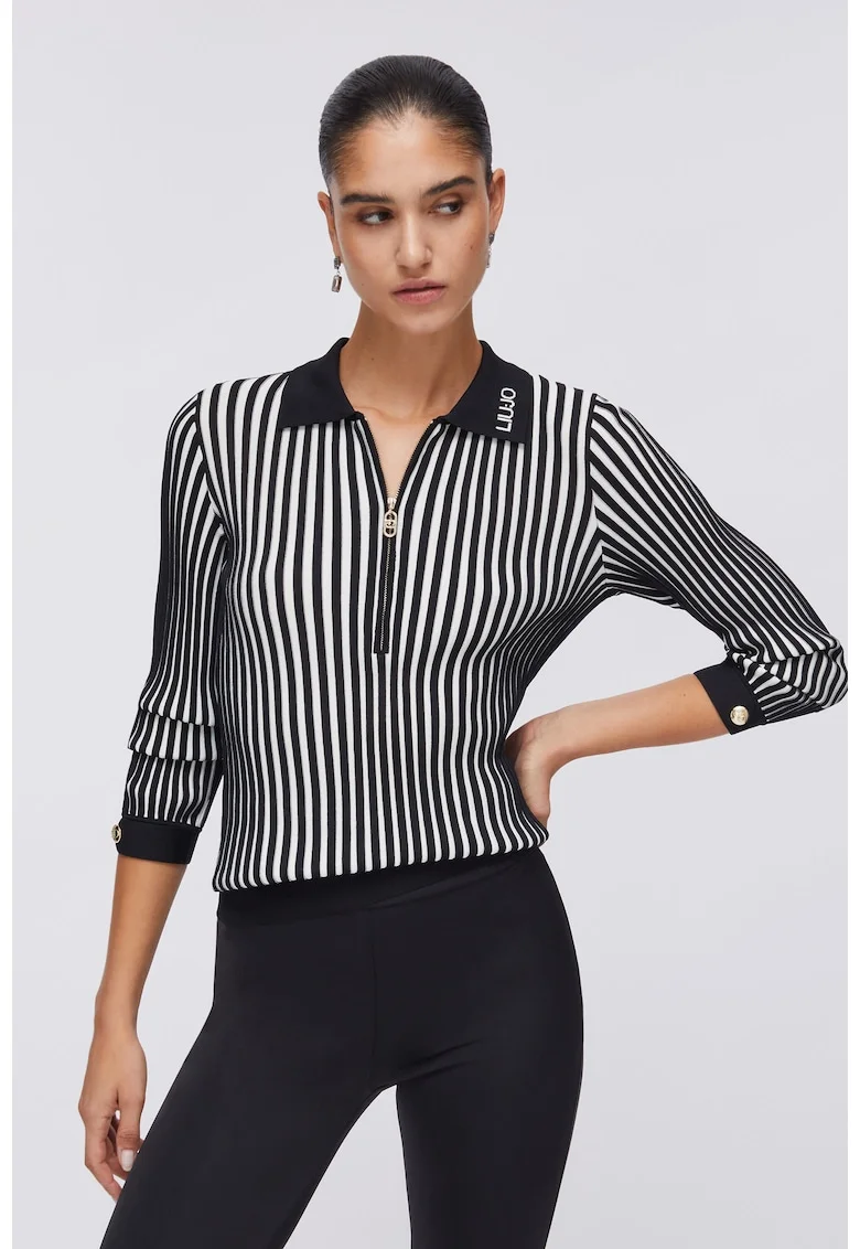 Pulover cu model in dungi si fenta cu fermoar, Alb/Negru