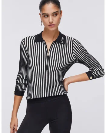 Pulover cu model in dungi si fenta cu fermoar, Alb/Negru
