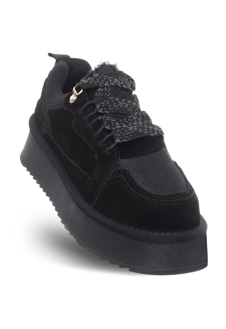 Pantofi dama,  piele naturala/textil, toamna-iarna, cu platforma, negru