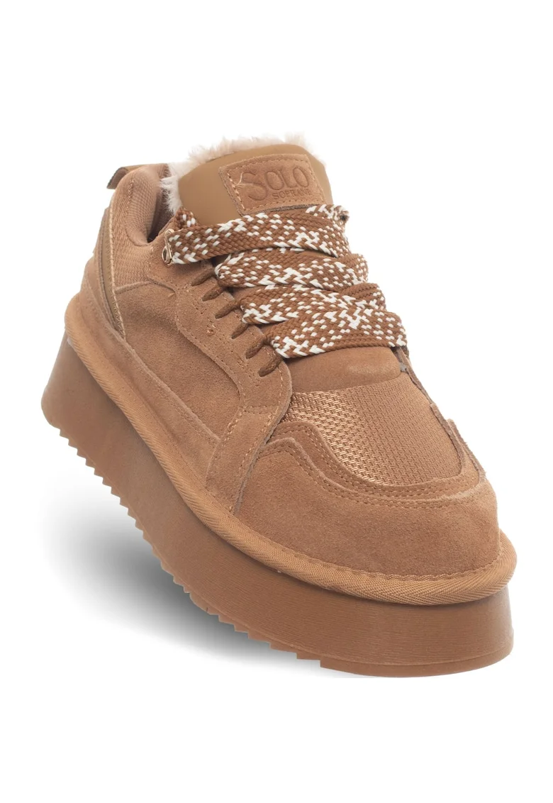 Pantofi dama,  piele naturala/textil, toamna-iarna, cu platforma, maro