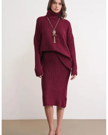 Fusta,  cu talie inalta, rosu, tricot,