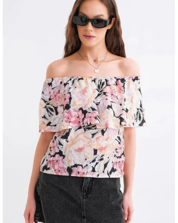 Tricou dama,  imprimeu floral, umeri goi, multicolor, textil
