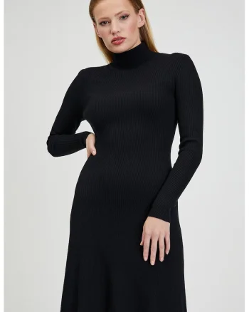 Rochie tricotata si striata cu guler inalt, Negru
