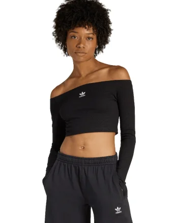 Bluza crop cu decolteu pe umeri, Negru