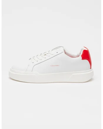 Pantofi sport low-cut de piele cu logo, Alb optic/Rosu vermillion