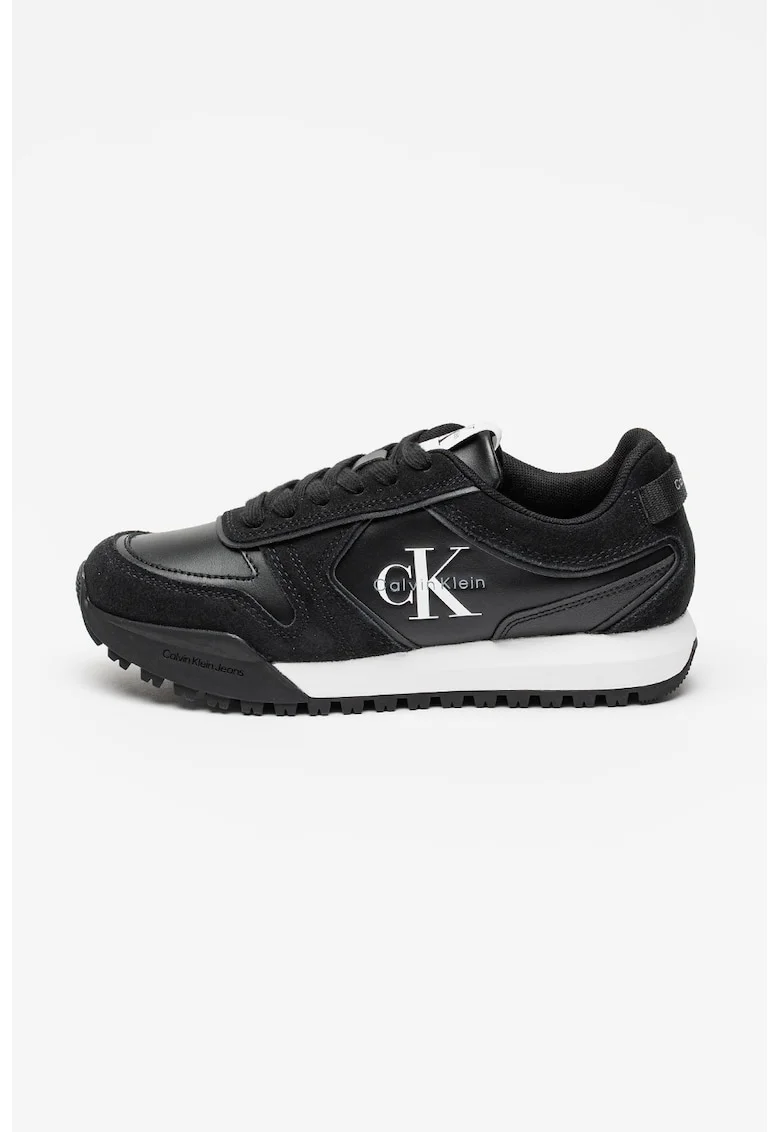 Pantofi sport low-cut de piele cu insertii de piele intoarsa, Alb/Negru