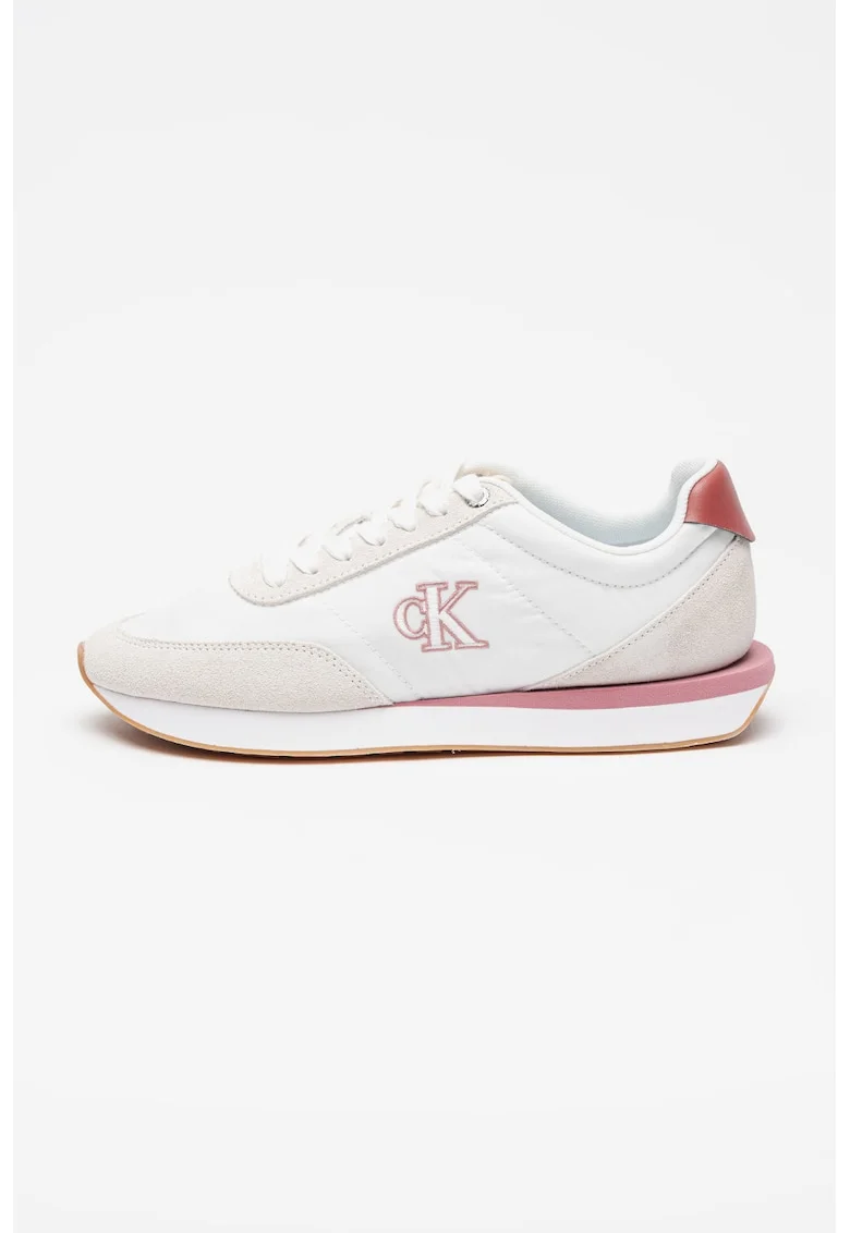 Pantofi sport de piele intoarsa cu garnituri din material textil, Alb/Roz zmeuriu/Bej deschis