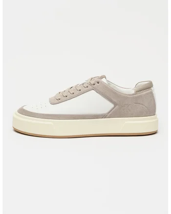 CALVIN KLEIN, Pantofi sport de piele si piele intoarsa cu logo, Alb/Maro taupe deschis