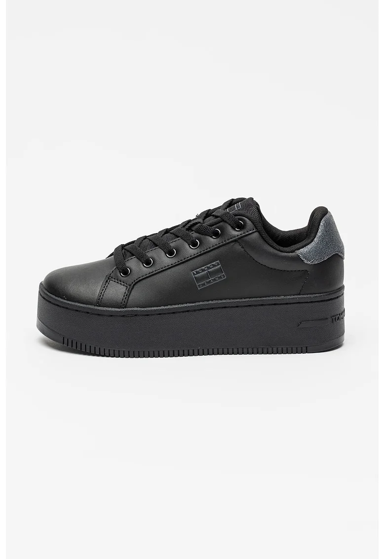 Pantofi sport flatform cu segmente de piele, Negru