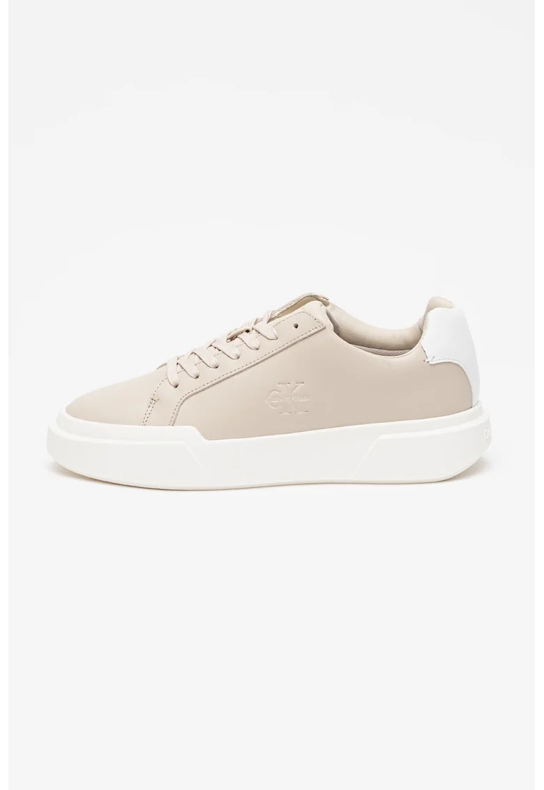 Pantofi sport de piele cu sireturi si logo stantat, Alb/Maro nisip