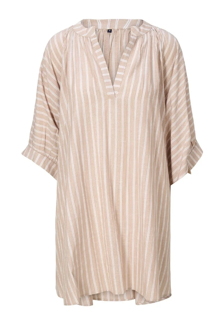 Rochie in dungi cu decolteu de caftan, Bej