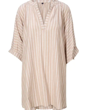 Rochie in dungi cu decolteu de caftan, Bej