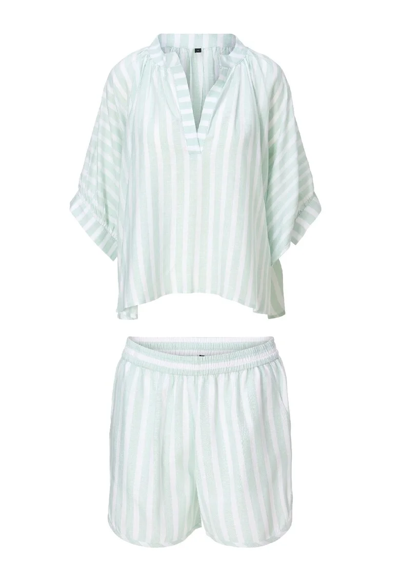 Set de pantaloni scurti si bluza supradimensionata cu model in dungi - 2 piese, Verde menta