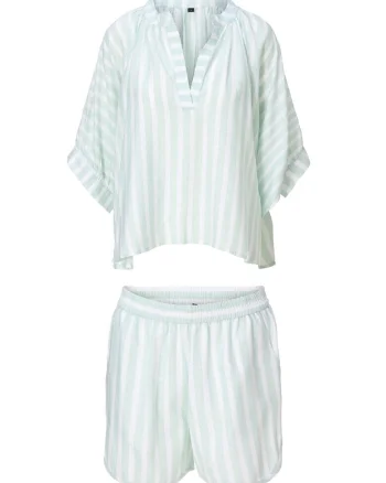Set de pantaloni scurti si bluza supradimensionata cu model in dungi - 2 piese, Verde menta