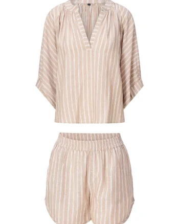 Set de pantaloni scurti si bluza supradimensionata cu model in dungi - 2 piese, Bej