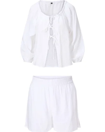 Set de pantaloni scurti si bluza cu maneci lungi, Alb