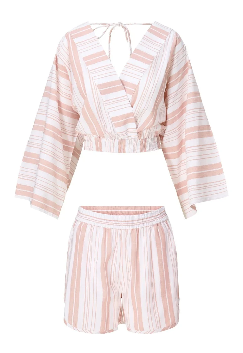 Set de bluza de plaja cu dungi si pantaloni scurti - 2 piese, Alb/Bej