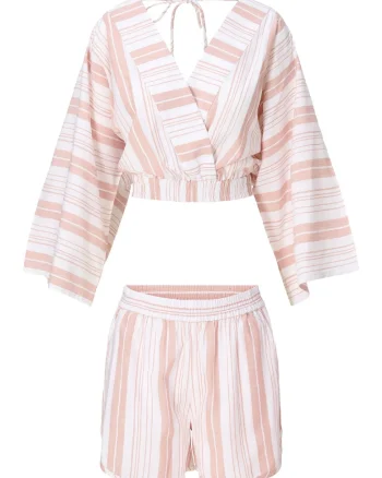 Set de bluza de plaja cu dungi si pantaloni scurti - 2 piese, Alb/Bej