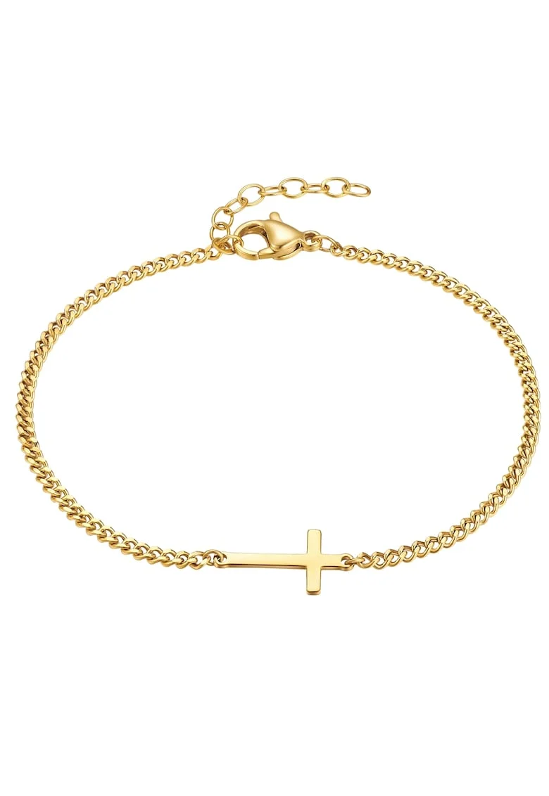 Bratara din lant placata cu aur de 14K si talisman cu cruce, Auriu