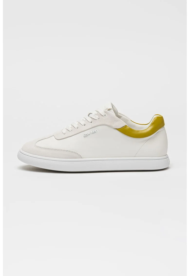 Pantofi sport din piele si garnituri din piele intoarsa, Verde masliniu/Alb murdar