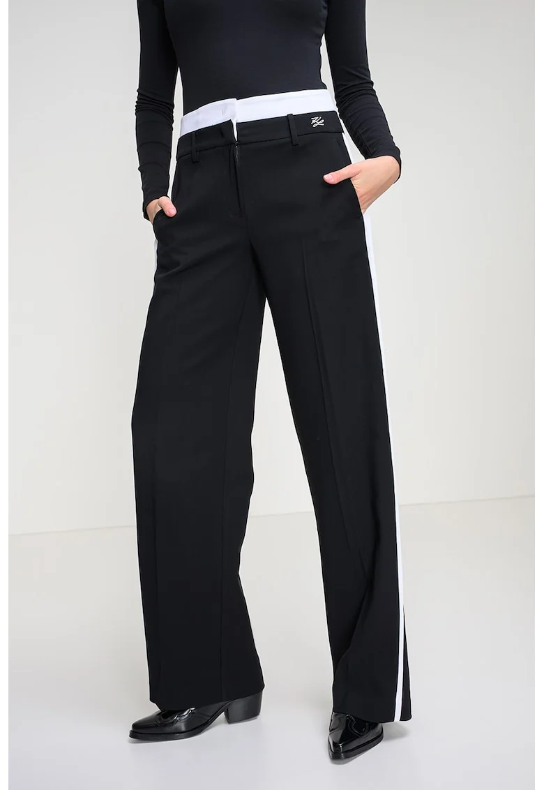 Pantaloni drepti cu benzi laterale contrastante, Alb/Negru