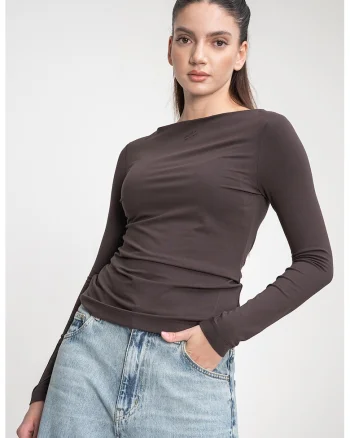 Bluza din amestec de modal cu fronseuri, Maro inchis