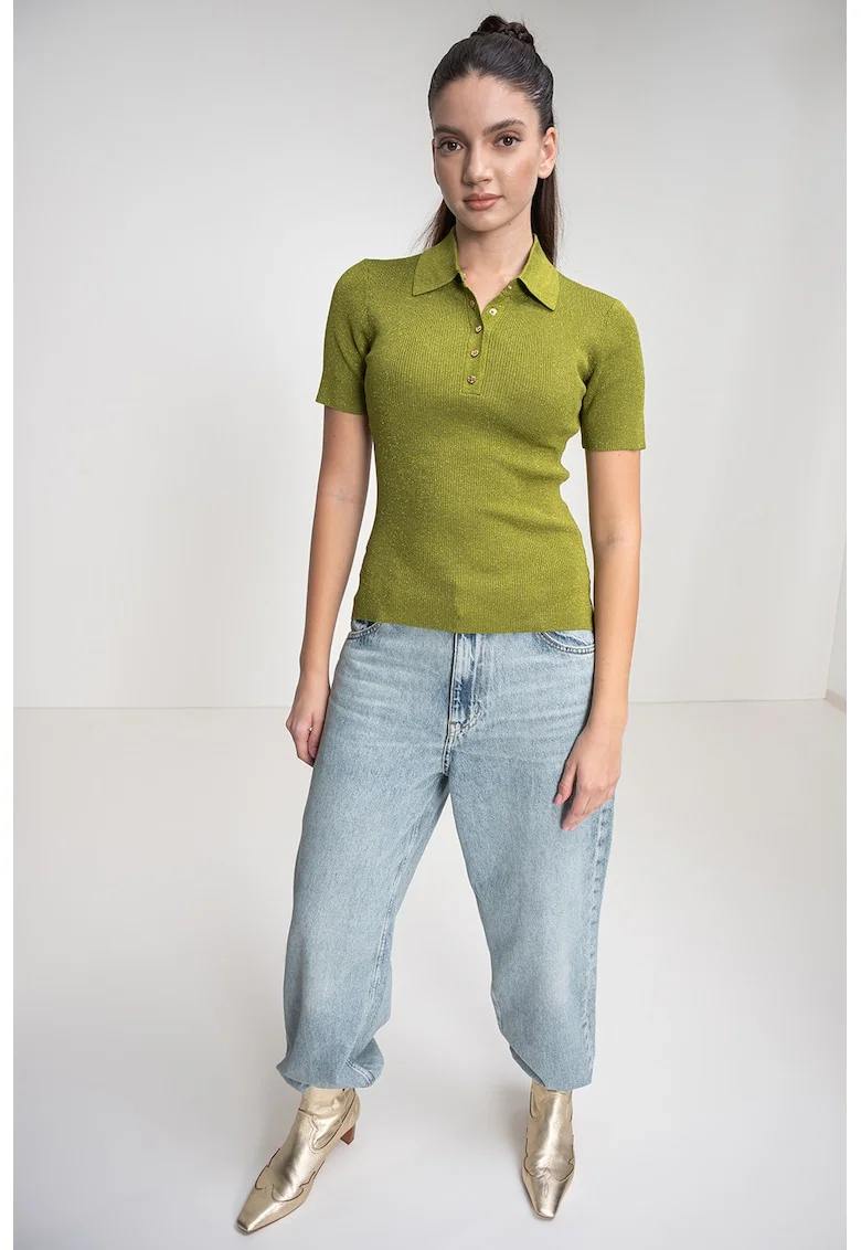 Tricou polo cu insertii de lurex, Verde