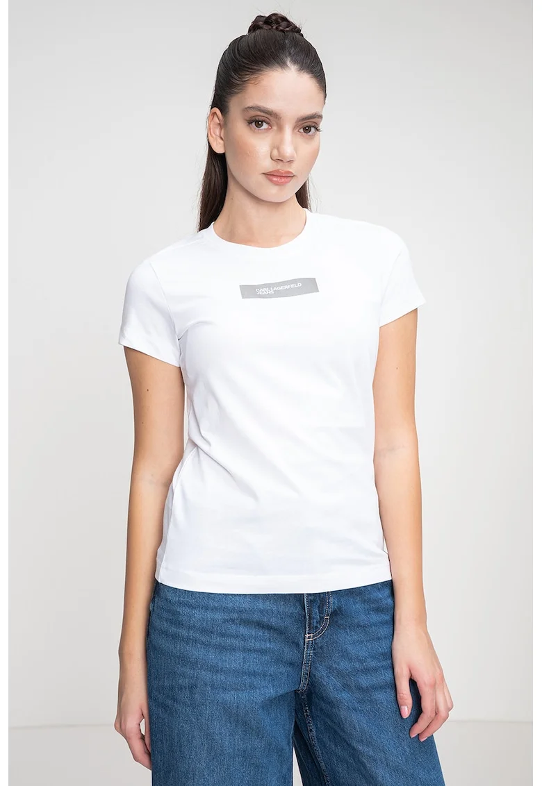 Tricou slim fit din bumbac organic cu logo reflectorizant, Alb