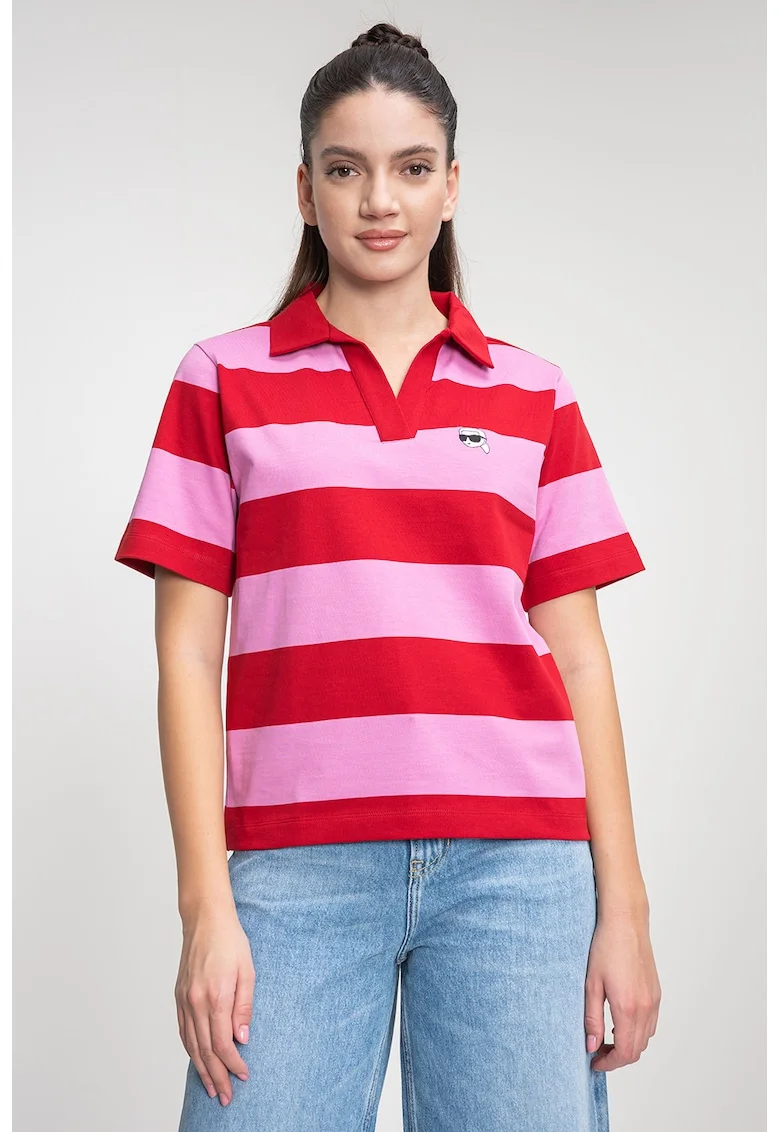 Tricou polo regular fit cu model in dungi, Rosu/Roz