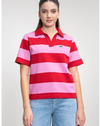Tricou polo regular fit cu model in dungi, Rosu/Roz