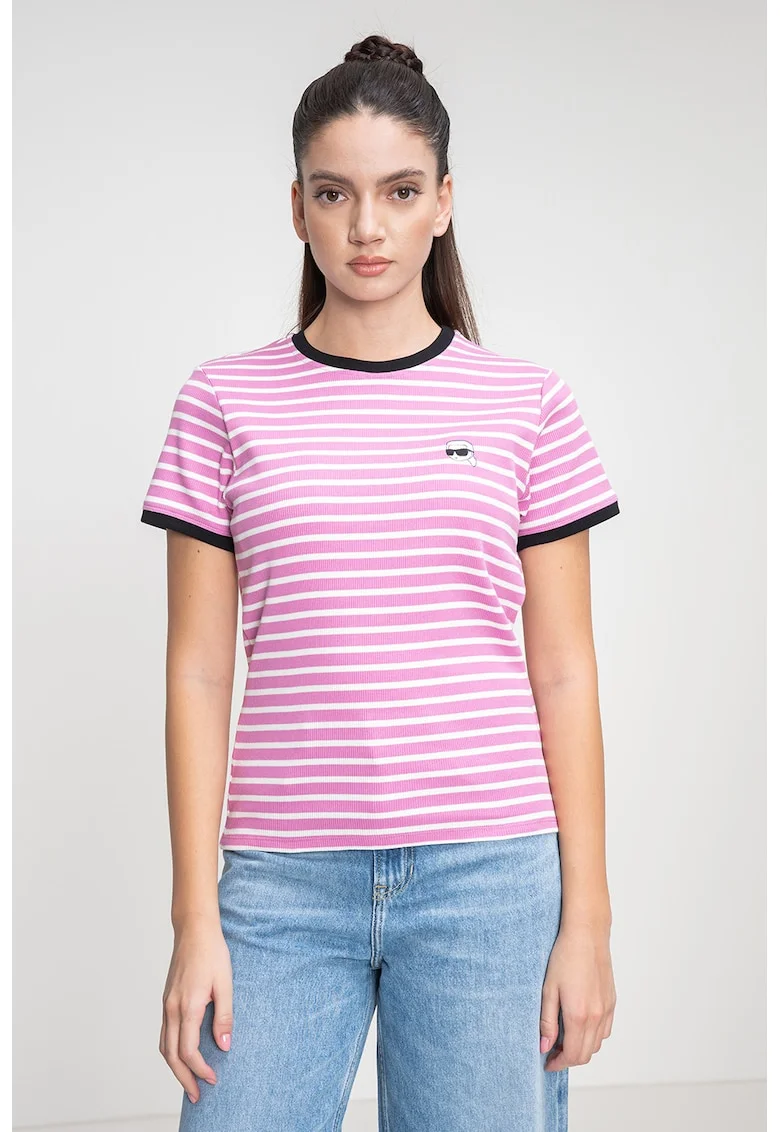Tricou din amestec de modal cu model in dungi, Alb/Roz