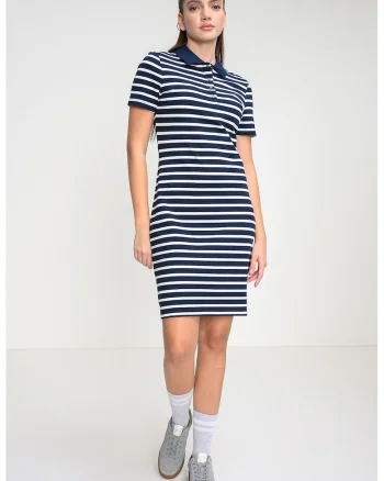 Rochie polo cambrata cu logo discret, Alb/Bleumarin