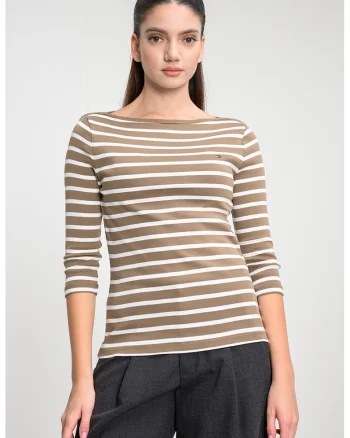 Bluza slim-fit de bumbac cu maneci trei sferturi, Alb/Maro inchis