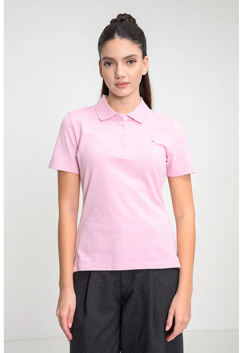 Tricou polo cu croiala slim-fit si logo, Roz