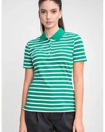 Tricou polo cu croiala slim-fit si logo, Alb/Verde