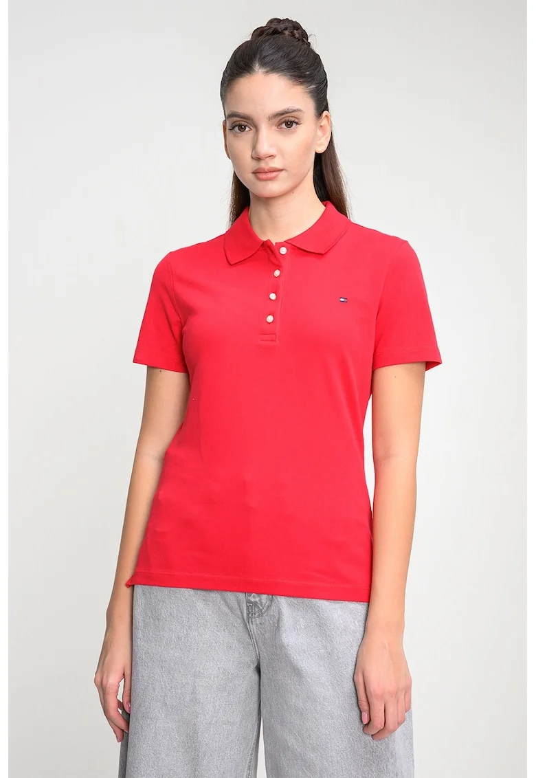 Tricou polo cu croiala slim-fit si logo, Rosu