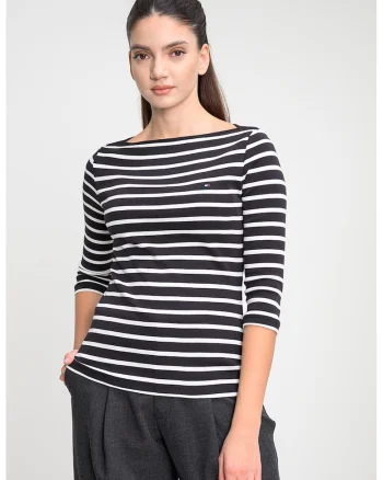 Bluza slim-fit de bumbac cu maneci trei sferturi, Alb/Negru