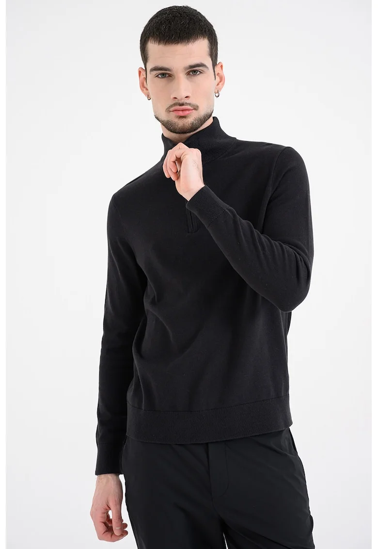 Pulover din bumbac cu fenta cu fermoar, Negru